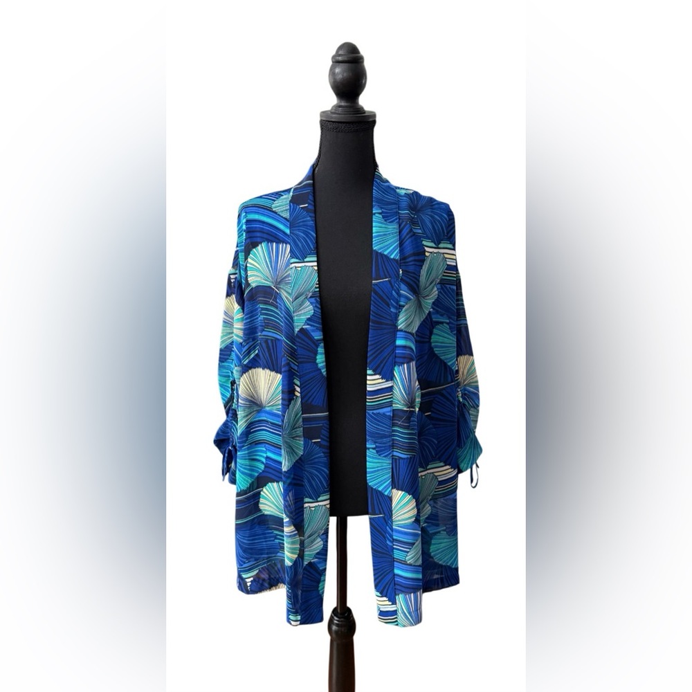 Roz & Ali Blue and Teal Patterned Open Front Cardigan with Flare Mid Sleeves
